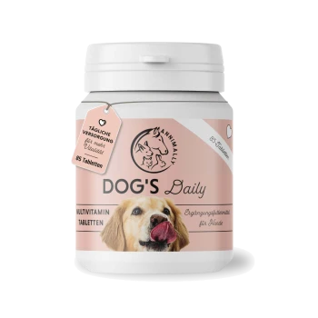 Weiß-rosa Behälter mit Dog's Daily Multivitamin-Tabletten für Hunde, 85 Tabletten, mit Tierlogo und deutschem Text.