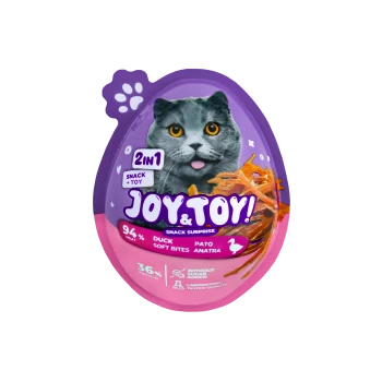 Lila-pinkes eiförmiges Katzen-Snack- und Spielzeugpaket mit Abbildung einer grauen Katze mit orangefarbenen Augen; sichtbarer Text: JOY&TOY!, 2in1, Duck Soft Bites.
