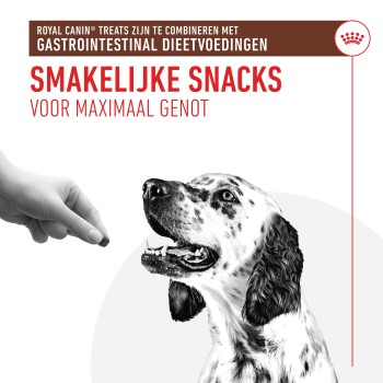 Een hand die een traktatie vasthoudt, reikt naar een blije, gevlekte hond. De tekst luidt 'Smakelijke Snacks voor maximaal genot' en 'Royal Canin® traktaties.'