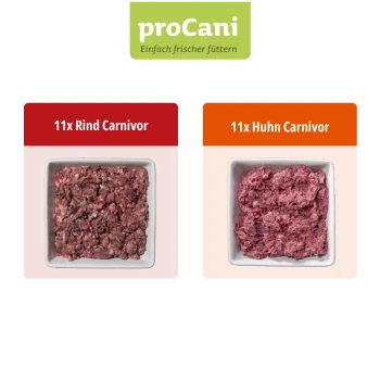 Zwei proCani Hundefutterpakete: "Huhn Carnivor" (Huhn) und "Rind Carnivor" (Rind), jeweils mit 11 Portionen.