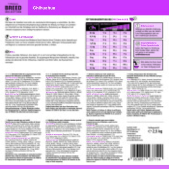 Etikett für Chihuahua-Hundefutter – Wildsterne Breed Selection, violetter Header, Fütterungstabelle, Barcode, Nettogewicht 2,5 kg