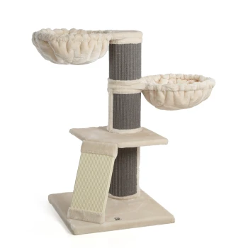 Katzenbaum mit zwei plüschigen, runden Betten, einem Kratzbaum und einem stabilen Sockel aus weichem beigen Stoff.