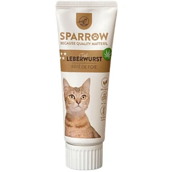 Tube mit Sparrow Pet Leberwurst mit dem Gesicht einer Katze auf dem Etikett, mit den Aufschriften "100% Natürlich", "Keine Zucker" und "Kein Weizen, keine Füllstoffe."