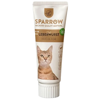 Tube mit Sparrow Pet Leberwurst mit dem Gesicht einer Katze auf dem Etikett, mit den Aufschriften "100% Natürlich", "Keine Zucker" und "Kein Weizen, keine Füllstoffe."