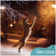 Ein Golden Retriever, der nachts im Schnee springt, mit einem leuchtenden Halsband, mit dem Text "Dein Bester Freund IMMER SICHTBAR" in der Ecke.