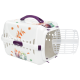 Transporteur pour animaux de compagnie avec un design floral, avec une poignée violette et une porte avant amovible. Idéal pour transporter de petits animaux.