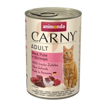 Carny Nassfutter Katze Adult 6x400 g Rind, Pute und Shrimps Eine Dose Animonda Carny Adult Katzenfutter mit einer Abbildung einer getigerten Katze auf dem Etikett, mit dem Text "Rind, Pute + Shrimps" und "100% frische Zutaten."
