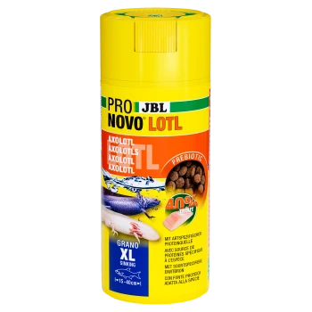 Gele JBL Pro Novo Lotl voedselcontainer voor axolotls, met afbeeldingen van axolotls en benadrukt 40% forel en prebiotische inhoud.