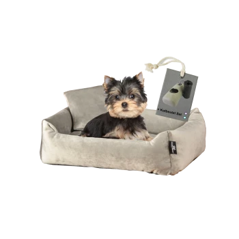 Ein kleiner Yorkshire Terrier Welpe sitzt in einem plüschigen grauen Hundebett, mit einem Etikett, das ein Set mit Hundekotbeuteln zeigt, das am Bett befestigt ist.