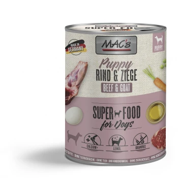 Dosenhundefutter "MAC's Puppy Rind & Ziege" mit Fleisch, Ei und Gemüse; beschriftet mit "Super Food für Hunde," "Calcium+," "Leinöl," und "Getreidefrei."