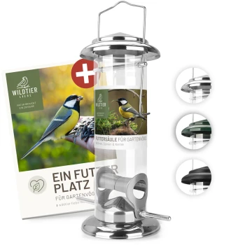 Ein transparenter Vogelhäuschen mit einem Edelstahlboden und -deckel, mit einem Etikett, das 'Futtersäule für Gartenvögel' liest, und Bildern von Vögeln.