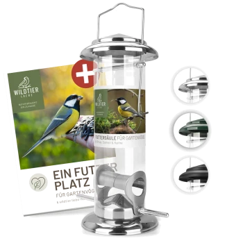 Ein transparenter Vogelhäuschen mit einem Edelstahlboden und -deckel, mit einem Etikett, das 'Futtersäule für Gartenvögel' liest, und Bildern von Vögeln.