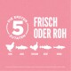 Bild von Tierfutter auf pinkem Hintergrund mit dem Text 'Die ersten 5 Zutaten: Frisch oder roh' und Silhouetten von Huhn, Lachs und Truthahn.