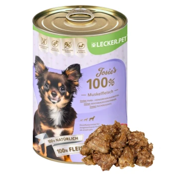 Eine Dose Hundefutter mit der Aufschrift 'Josie's 100% Muskel Fleisch', die einen Chihuahua auf der Vorderseite zeigt, mit Fleischstücken daneben.