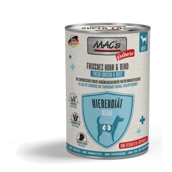 Dose MAC's Vetcare Hundefutter, frisches Huhn & Rind, Nierendiät bei chronischer oder vorübergehender Niereninsuffizienz, glutenfrei.