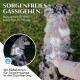 Ein Hund mit einem reflektierenden Geschirr, mit dem Text "Sorgenfreies Gassigehen" und "Bequemer Griff für sofortige Kontrolle," der sichere Spaziergänge fördert.