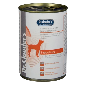Dr. Clauder's Intestinal Diet Dosenfutter für Hunde, mit einer Silhouette eines Hundes, mit Text, der glutenfreie Körner und essentielle Fettsäuren hervorhebt.