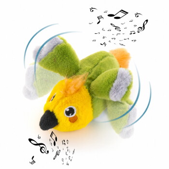 Buntes plüschiges Vogelspielzeug mit musikalischen Noten darum herum, mit einem Etikett, das "Prüfengel 1,3 SEHR GUT" für die Qualitätsbewertung liest.