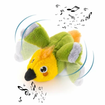 Buntes plüschiges Vogelspielzeug mit musikalischen Noten darum herum, mit einem Etikett, das "Prüfengel 1,3 SEHR GUT" für die Qualitätsbewertung liest.