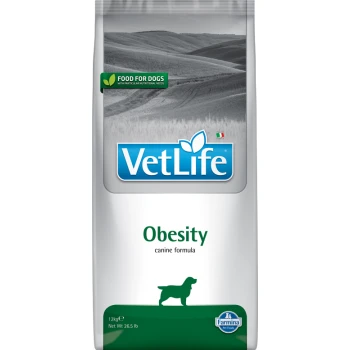 VetLife Obesity Hundefutterbeutel, 12kg, mit einem grünen 'Futter für Hunde'-Label und einer Silhouette eines Hundes.