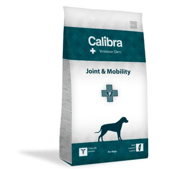 Calibra Veterinary Diets Joint & Mobility Hundefutterbeutel mit einer Silhouette eines Hundes, mit Text, der angibt, dass es klinisch nachgewiesen ist für Gelenkunterstützung.