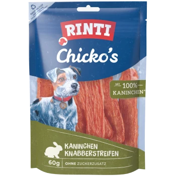 Torebka przysmaku dla psów RINTI Chicko's z ilustracją psa i paskami z królika; 'Kaninchen Knabberstreifen', 60 g.