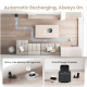 Ein modernes Wohnzimmer zeigt einen robotischen Haustierfutterspender auf dem Weg zu einer Ladestation, mit den Hinweisen "Automatische Aufladung" und "SmartCharge Zeitplan."