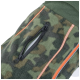 A close-up of a green camo-patterned dog jacket featuring an orange zipper and a small zippered pocket on the side.