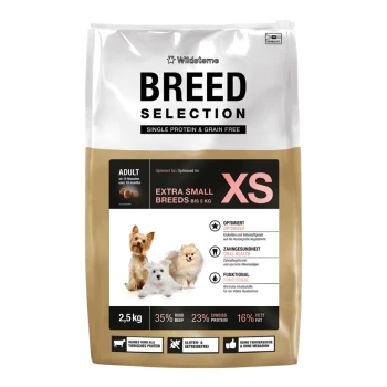Tüte ‚BREED SELECTION‘ Hundefutter, XS Extra Small Breeds, 2,5 kg, Single Protein & getreidefrei, 35% Rind, 23% Protein.