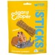 Emballage de friandises pour chiens Edgard Cooper avec un dessin animé de teckel brun et bulldog gris, présentant "STICKS" et "Miaaaam" sur fond jaune.
