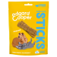 Emballage de friandises pour chiens Edgard Cooper avec un dessin animé de teckel brun et bulldog gris, présentant "STICKS" et "Miaaaam" sur fond jaune.