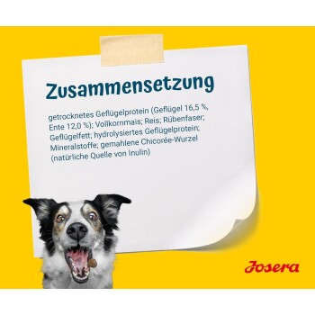 Ein glücklicher Hund mit offenem Mund auf gelbem Hintergrund, mit einer Notiz, die Zutaten auflistet und dem "Josera"-Logo in der Ecke.