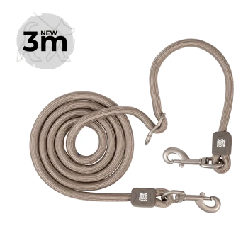 Taupefarbene geflochtene 3‑m-Hundeleine mit zwei Metallkarabinern, Schlaufenhenkel und Ring; 'NEW 3m'-Plakette sichtbar.