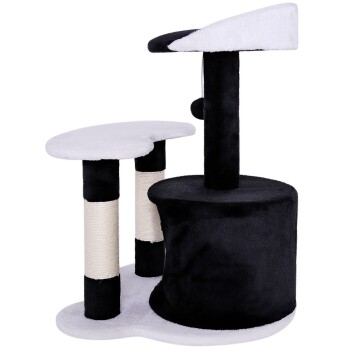 Schwarz-weißer Katzenbaum mit zwei Plattformen, Kratzpfosten und einer gemütlichen Basis, entworfen für das Spielen und Entspannen von Katzen.