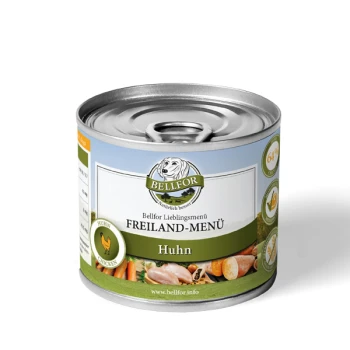 Dosen-Hundefutter mit der Aufschrift "Bellfor Freiland-Menü Huhn", das eine Hühnergrafik zeigt, mit Bildern von Huhn und Gemüse auf dem Etikett.