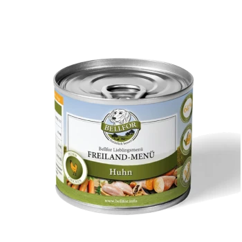 Dosen-Hundefutter mit der Aufschrift "Bellfor Freiland-Menü Huhn", das eine Hühnergrafik zeigt, mit Bildern von Huhn und Gemüse auf dem Etikett.