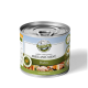 Dosen-Hundefutter mit der Aufschrift "Bellfor Freiland-Menü Huhn", das eine Hühnergrafik zeigt, mit Bildern von Huhn und Gemüse auf dem Etikett.