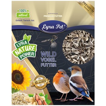 Verpackung von Lyra Pet Wild Vogel Futter mit zwei Vögeln, Sonnenblumenkernen und Text, der "100% natürlich" und "Premium Futter" angibt.