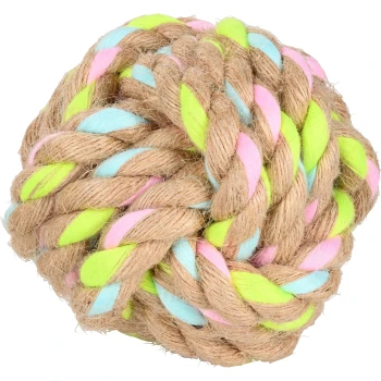 Buntes, geflochtenes Seilspielzeug für Haustiere, mit leuchtend pinken, grünen und blauen Strängen, die mit natürlichem Jute verflochten sind.