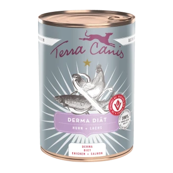 Terra Canis Dose beschriftet 'DERMA DIÄT Huhn + Lachs' mit Huhn- und Fischabbildung