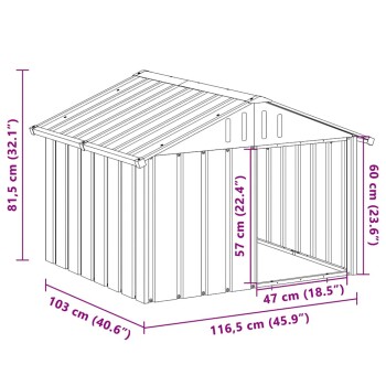 Metall-Tierhaus mit schrägem Dach und offenem Vorderteil, Maße in cm und Zoll beschriftet.