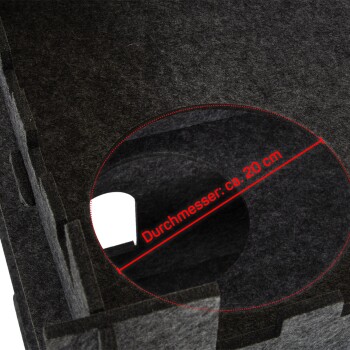 Schwarzes Filzhaustierhaus mit einer runden Öffnung, Durchmesser etwa 20 cm, hervorgehoben mit rotem Text "Durchmesser: ca. 20 cm".