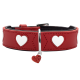 Roter Lederhundehalsband mit weißen Herz-Ausschnitten, silberner Schnalle und einem kleinen herzförmigen Anhänger.