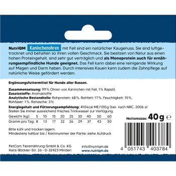 Rückseite der Verpackung des NutriQM 'Kaninchenohren' Hundekausnacks (Kaninchenohren mit Fell), deutsche Zutaten- und Fütterungstabelle, 'Nettomasse: 40g' und Barcode.