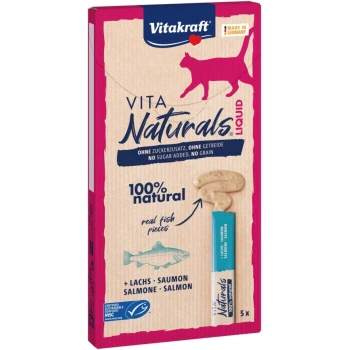 Naturals Liquid Snack Lachs 11x5 Stück Vitakraft Vita Naturals Flüssigkeit Haustier-Leckerlis Verpackung zeigt eine rosa Box mit einer Katzen-Silhouette, die "100% natürlich" und "echte Fischstücke" hervorhebt.