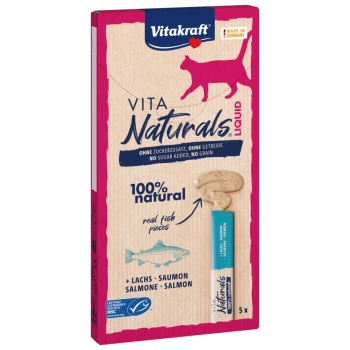 Vitakraft Vita Naturals Flüssigkeit Haustier-Leckerlis Verpackung zeigt eine rosa Box mit einer Katzen-Silhouette, die "100% natürlich" und "echte Fischstücke" hervorhebt.