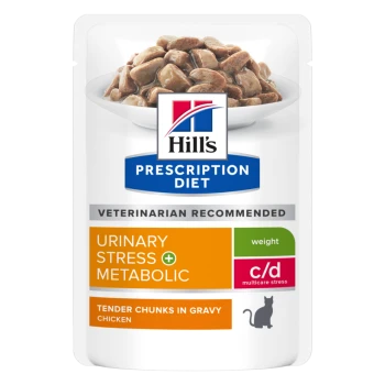 Hill's Prescription Diet Beutel mit zarten Stückchen in Soße für Katzen, beschriftet mit "Harnstress + Metabolisch", vom Tierarzt empfohlen.