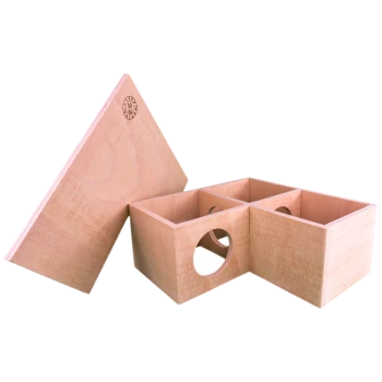 Holzspielzeugkiste für Haustiere mit abnehmbarem Deckel, mit zwei Fächern und runden Öffnungen für Haustiere zum Erkunden.