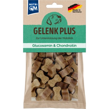 Hundeleckerlis mit der Bezeichnung 'Gelenk Plus' zur Unterstützung der Mobilität, enthalten Glucosamin und Chondroitin, hergestellt in Deutschland.