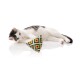Eine verspielte weiß-graue Katze liegt auf einer reflektierenden Oberfläche und spielt mit einem bunten dreieckigen Spielzeug mit geometrischem Muster.